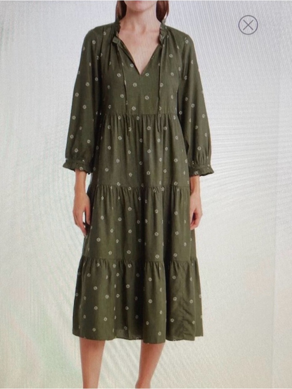 Women’s Madewell Tie Neck Green Floral Tiered Midi Dress Size Small In Stardot